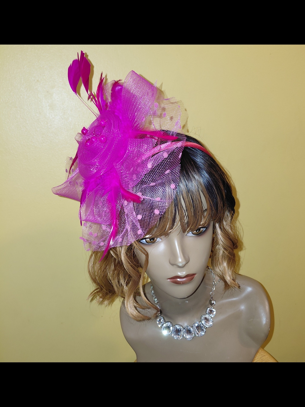 Bold Fuchsia Feather Mesh Fascinator Headband for Women